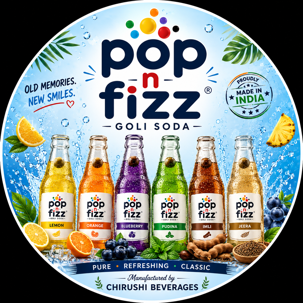 The official Pop n Fizz collection: Lemon, Orange, Blueberry, Pudina, Imli and Jeera goli soda